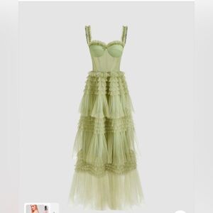 NEW GREEN WOVEN CORSET LAYERED TULLE RUFFLE MAXI DRESS